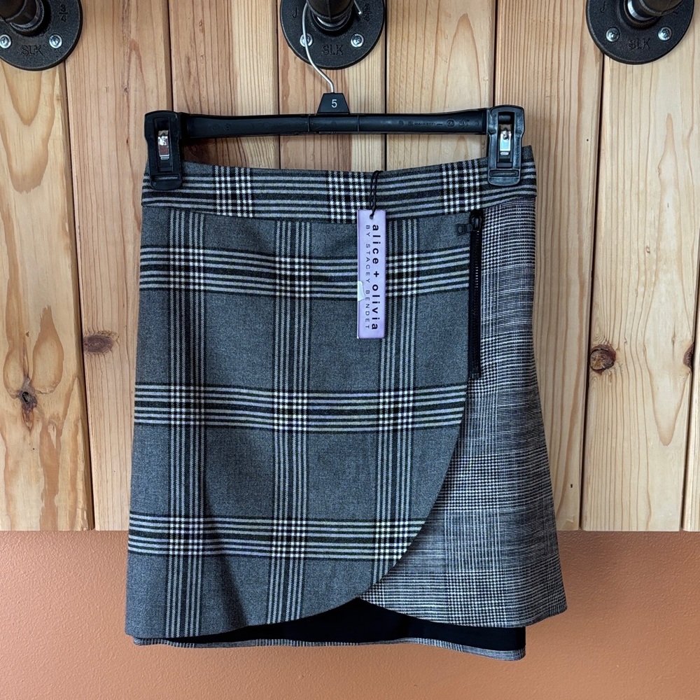 Alice + Olivia Gray Asymmetrical Plaid Skirt
